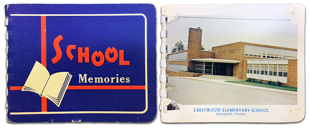 Photographs of the cover and a page of Crestwood's yearbook from 1957 to 1958. The cover is on the left. It has a blue background with orange and white accent lines and an illustration of an open book. The words School Memories are printed in orange and white near the book. The yearbook page is on the right. It shows a color photograph of the main entrance to Crestwood.   