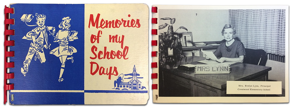 Photographs of the cover and a page of Crestwood's yearbook from 1961 to 1962. The cover is on the left. The background is half blue, half white, divided vertically down the middle. On the blue side is an illustration of a boy and girl. On the right is an illustration of a school and the words Memories of my School Days printed in red. The yearbook has a red ring binder. On the right is a black and white photograph of Principal Evelyn Lynn. She is seated at her desk holding papers in her hands. 